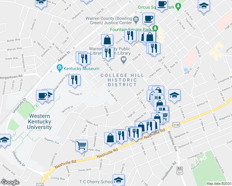 map of restaurants, bars, coffee shops, grocery stores, and more near 1346 Chestnut Street in Bowling Green