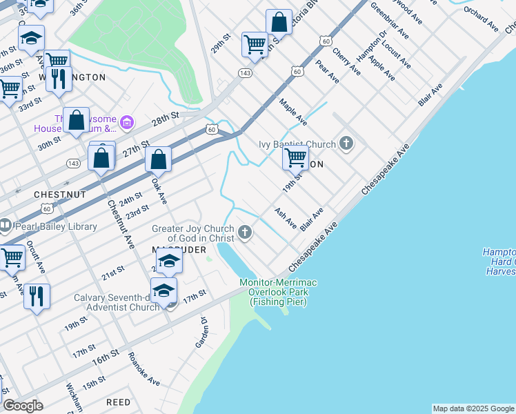 map of restaurants, bars, coffee shops, grocery stores, and more near 108 Beechwood Avenue in Newport News