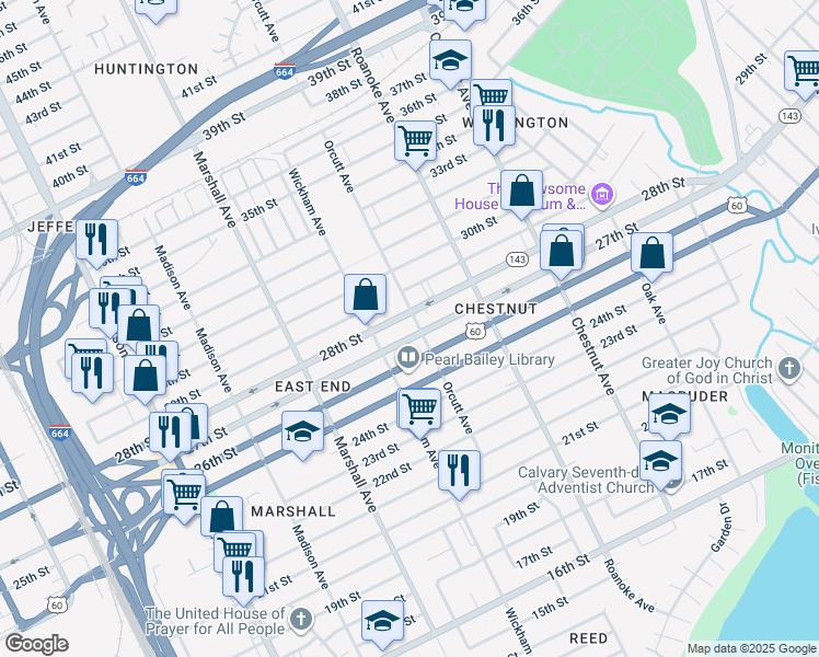 map of restaurants, bars, coffee shops, grocery stores, and more near 2705 Orcutt Avenue in Newport News