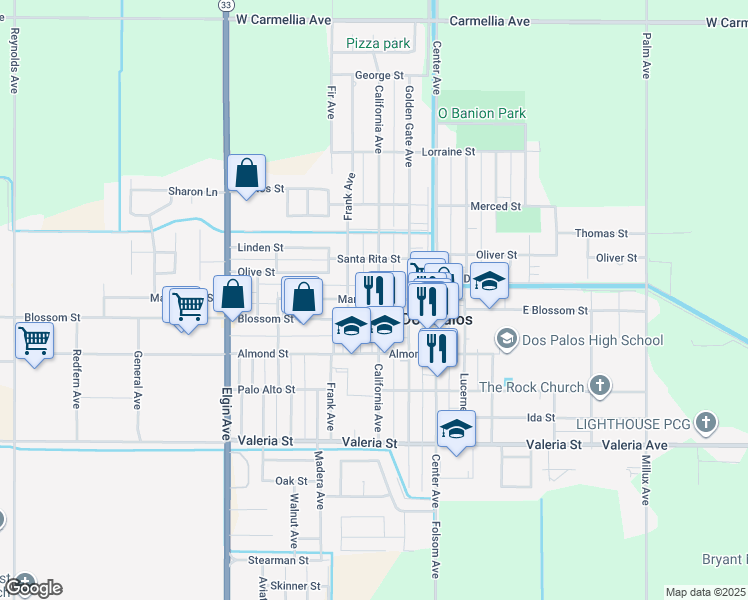 map of restaurants, bars, coffee shops, grocery stores, and more near 2138 Marguerite Street in Dos Palos