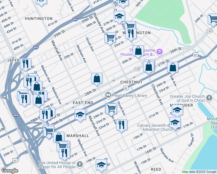 map of restaurants, bars, coffee shops, grocery stores, and more near 2705 Orcutt Avenue in Newport News