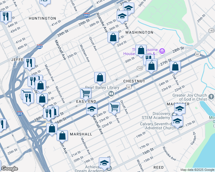 map of restaurants, bars, coffee shops, grocery stores, and more near 2814 Wickham Avenue in Newport News