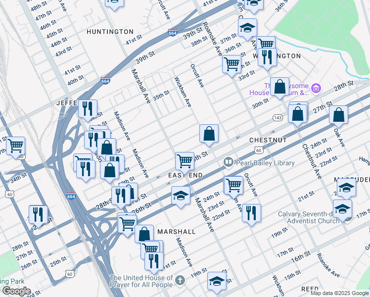 map of restaurants, bars, coffee shops, grocery stores, and more near 837 29th Street in Newport News