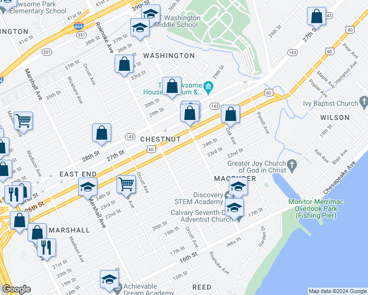 map of restaurants, bars, coffee shops, grocery stores, and more near 1142 25th Street in Newport News