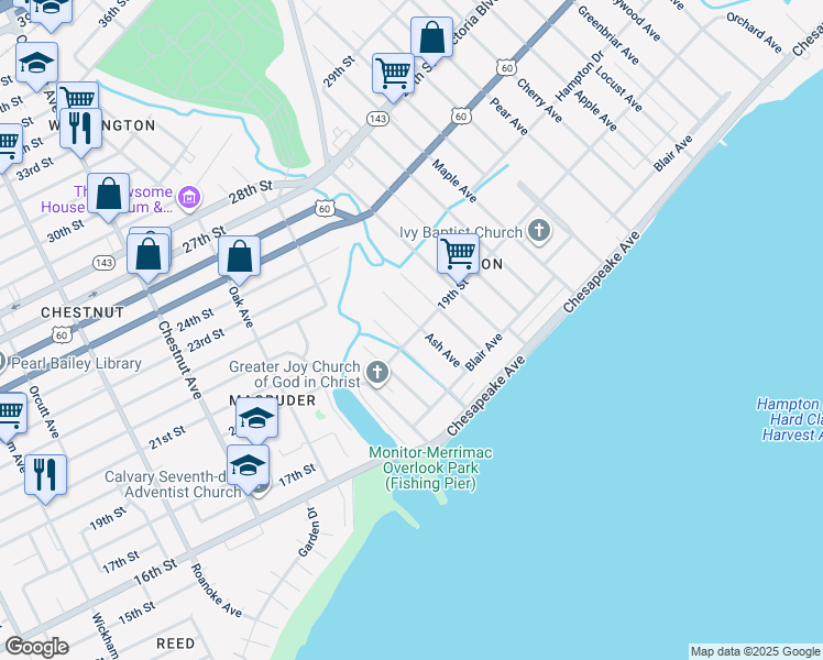 map of restaurants, bars, coffee shops, grocery stores, and more near 101 Ash Avenue in Newport News