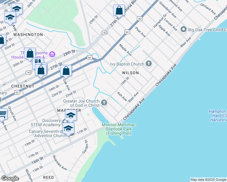 map of restaurants, bars, coffee shops, grocery stores, and more near 101 Ash Avenue in Newport News