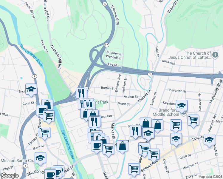 map of restaurants, bars, coffee shops, grocery stores, and more near 320 Berry Street in Santa Cruz