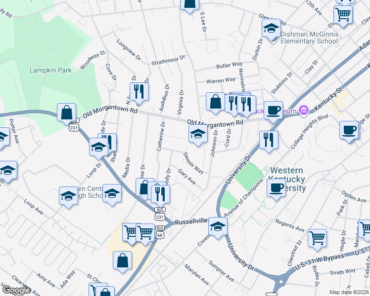 map of restaurants, bars, coffee shops, grocery stores, and more near 601 Mcelwain Court in Bowling Green