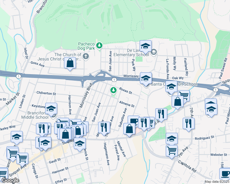 map of restaurants, bars, coffee shops, grocery stores, and more near 417 Marnell Avenue in Santa Cruz