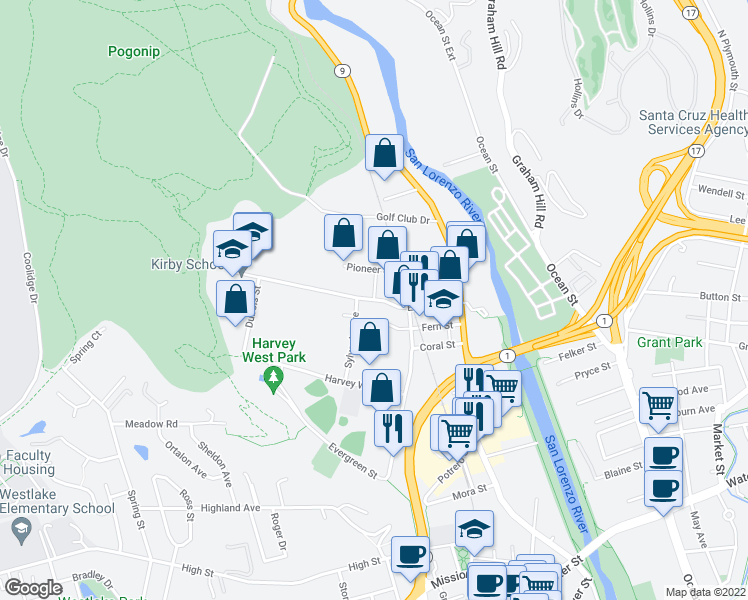 map of restaurants, bars, coffee shops, grocery stores, and more near Encinal St & Post St in Santa Cruz