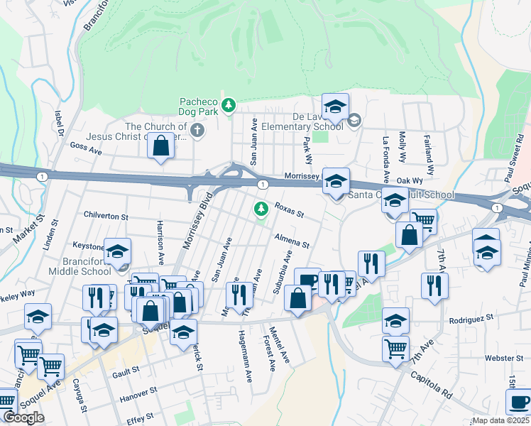 map of restaurants, bars, coffee shops, grocery stores, and more near 417 Marnell Avenue in Santa Cruz