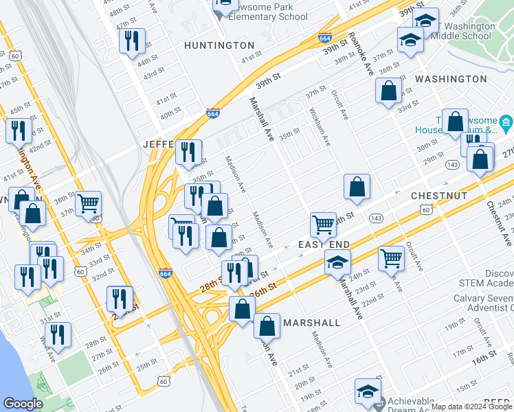 map of restaurants, bars, coffee shops, grocery stores, and more near 712 32nd Street in Newport News