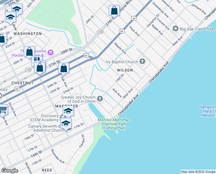 map of restaurants, bars, coffee shops, grocery stores, and more near 109 Ash Avenue in Newport News