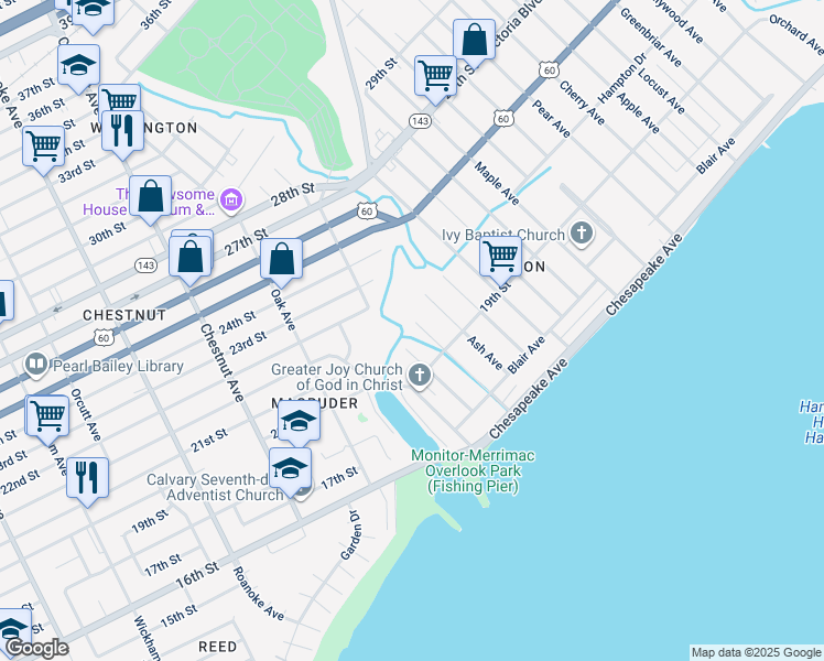 map of restaurants, bars, coffee shops, grocery stores, and more near 131 Beechwood Avenue in Newport News