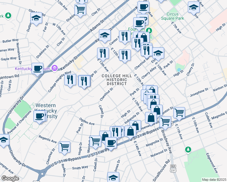map of restaurants, bars, coffee shops, grocery stores, and more near 1332 Chestnut Street in Bowling Green