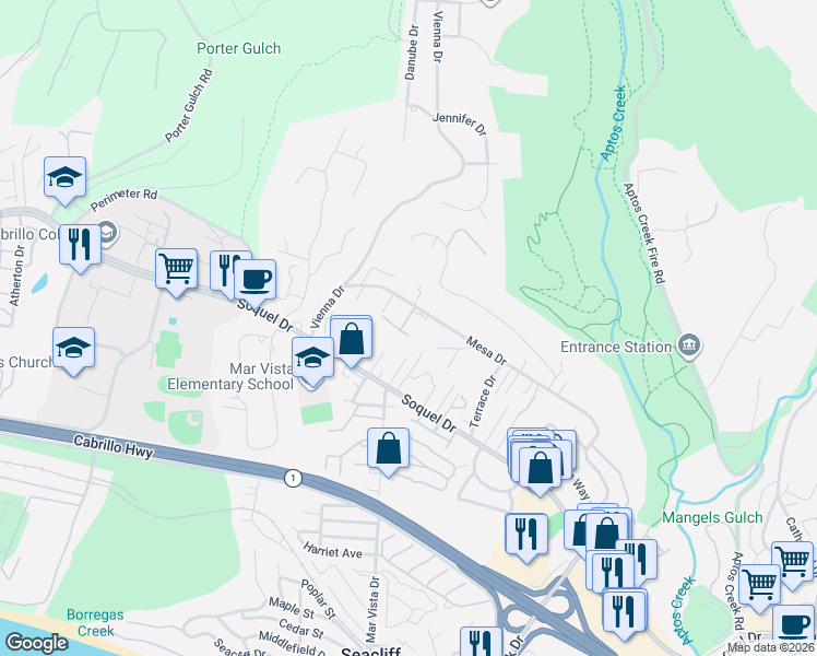 map of restaurants, bars, coffee shops, grocery stores, and more near 7138 Danko Drive in Aptos