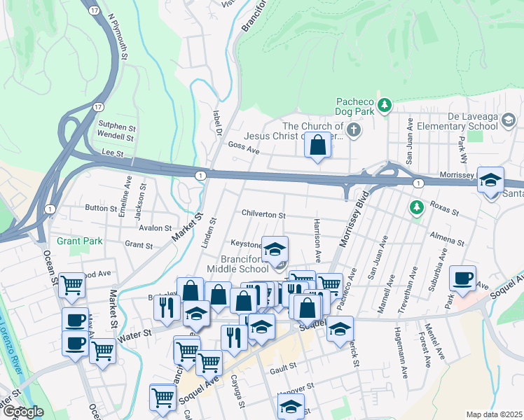map of restaurants, bars, coffee shops, grocery stores, and more near 213 Chilverton Street in Santa Cruz