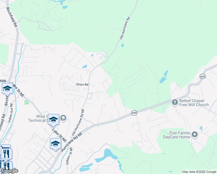 map of restaurants, bars, coffee shops, grocery stores, and more near 9370 Adwell Road in Wise