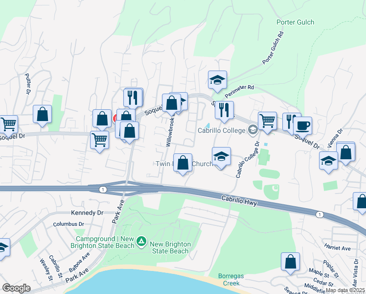 map of restaurants, bars, coffee shops, grocery stores, and more near 6315 Baseline Drive in Aptos
