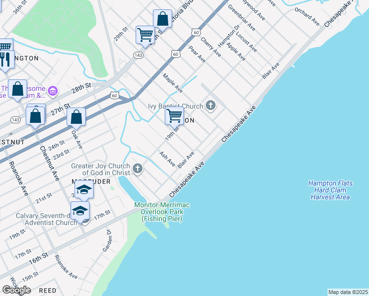map of restaurants, bars, coffee shops, grocery stores, and more near 41 Buxton Avenue in Newport News