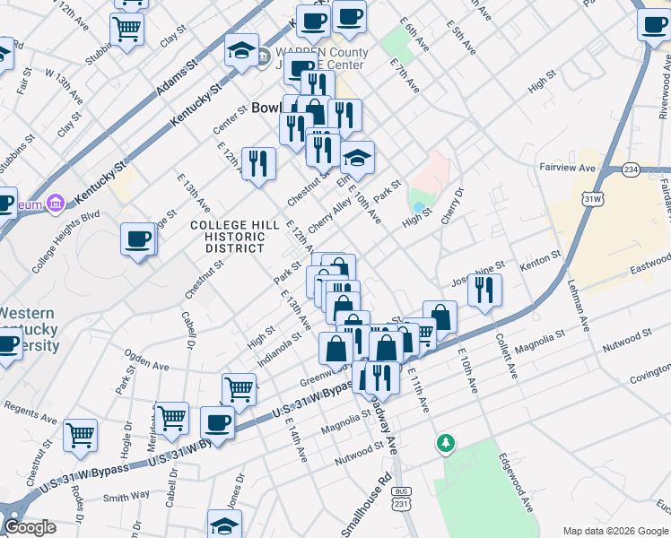 map of restaurants, bars, coffee shops, grocery stores, and more near 1101-1199 High St in Bowling Green