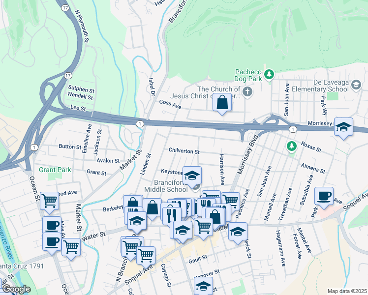 map of restaurants, bars, coffee shops, grocery stores, and more near 213 Chilverton Street in Santa Cruz