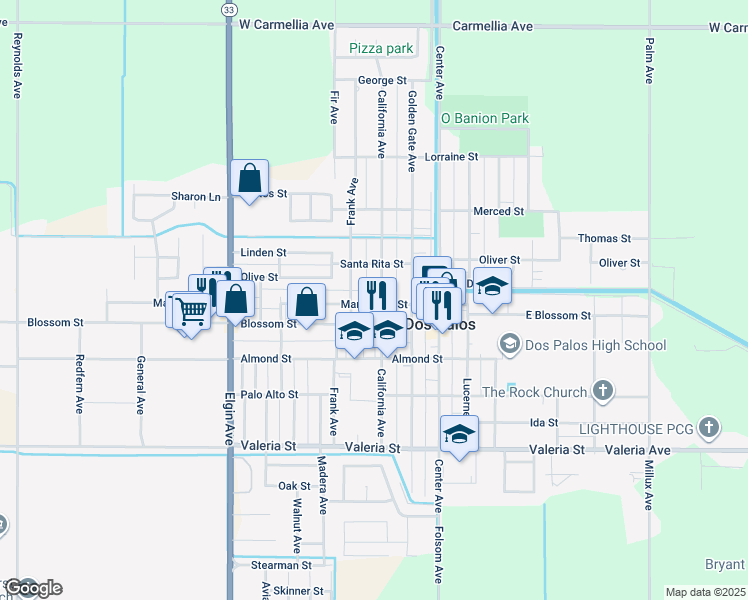 map of restaurants, bars, coffee shops, grocery stores, and more near 2138 Marguerite Street in Dos Palos