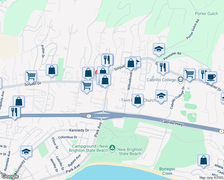 map of restaurants, bars, coffee shops, grocery stores, and more near 6115 Abbey Road in Aptos