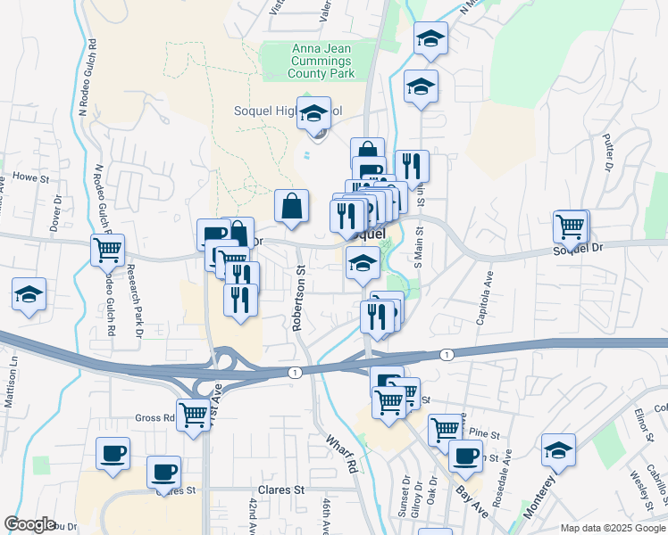 map of restaurants, bars, coffee shops, grocery stores, and more near 2801 Daubenbiss Avenue in Soquel
