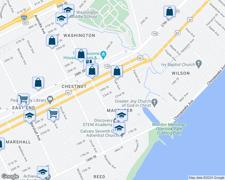 map of restaurants, bars, coffee shops, grocery stores, and more near 1245 23rd Street in Newport News