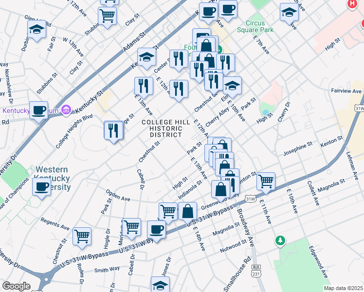 map of restaurants, bars, coffee shops, grocery stores, and more near 627 East 13th Avenue in Bowling Green