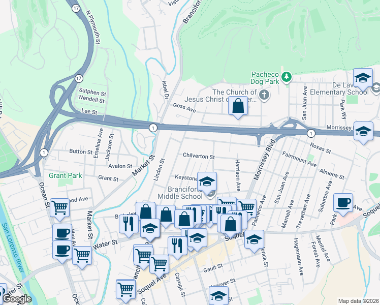 map of restaurants, bars, coffee shops, grocery stores, and more near 121 Chilverton Street in Santa Cruz