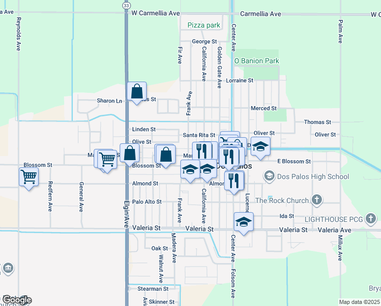 map of restaurants, bars, coffee shops, grocery stores, and more near 2138 Marguerite Street in Dos Palos
