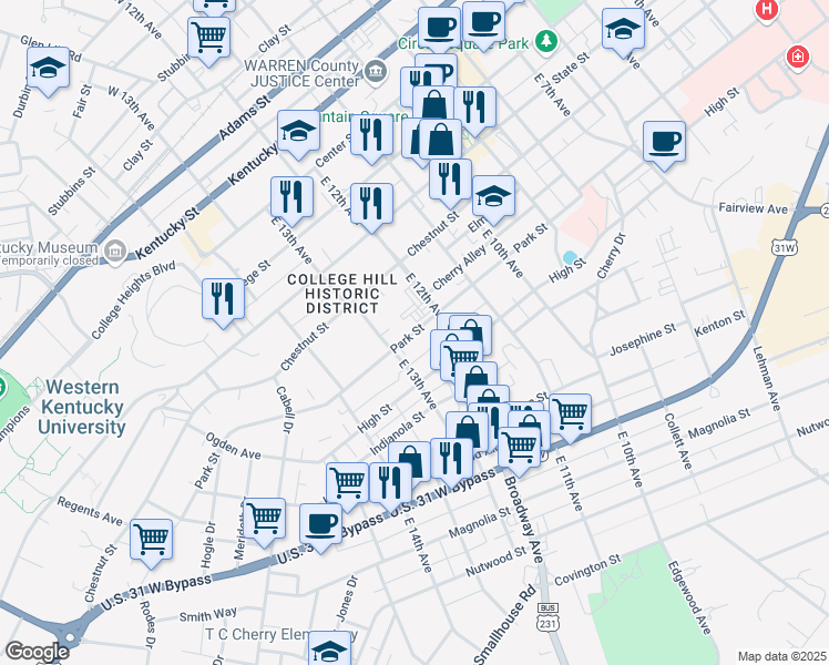 map of restaurants, bars, coffee shops, grocery stores, and more near 1244 Park Street in Bowling Green