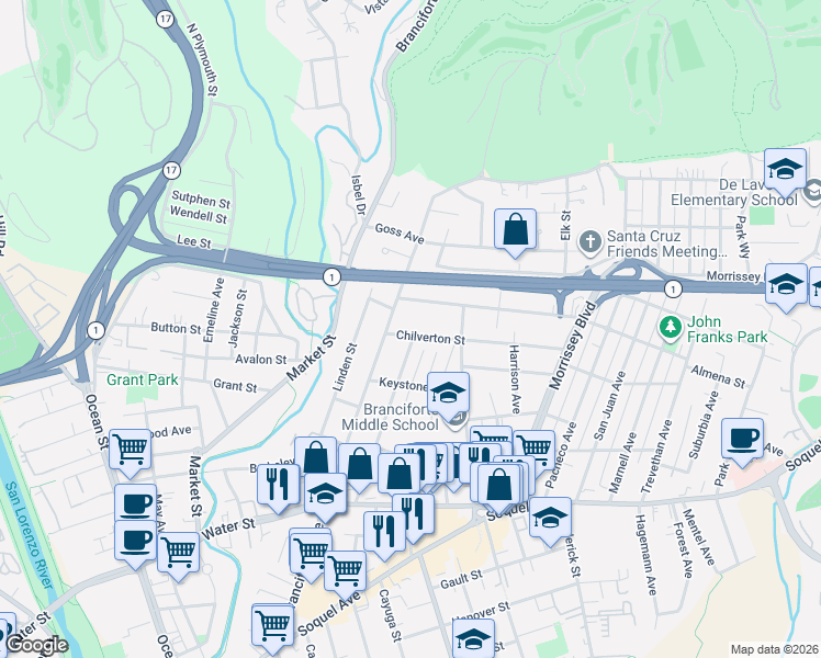 map of restaurants, bars, coffee shops, grocery stores, and more near 121 Chilverton Street in Santa Cruz