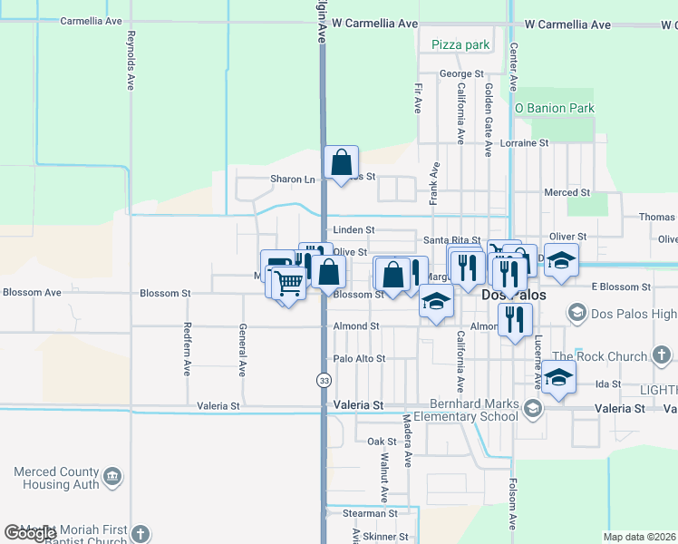 map of restaurants, bars, coffee shops, grocery stores, and more near 1357 Elgin Avenue in Dos Palos
