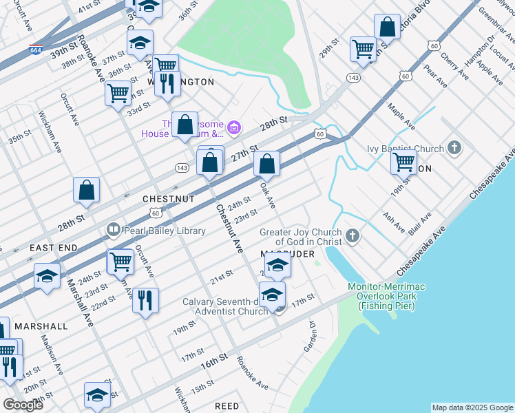 map of restaurants, bars, coffee shops, grocery stores, and more near 1245 23rd Street in Newport News