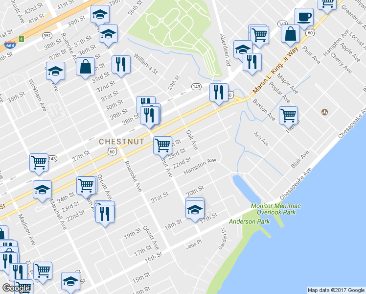 map of restaurants, bars, coffee shops, grocery stores, and more near 1245 23rd Street in Newport News
