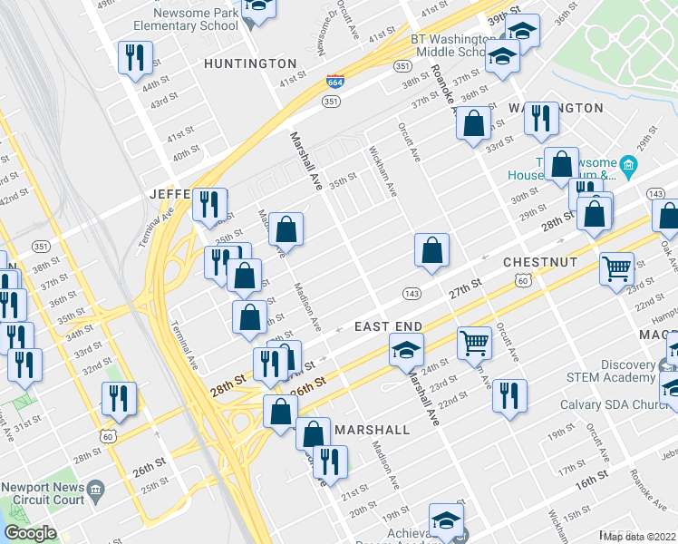 map of restaurants, bars, coffee shops, grocery stores, and more near 746 31st Street in Newport News