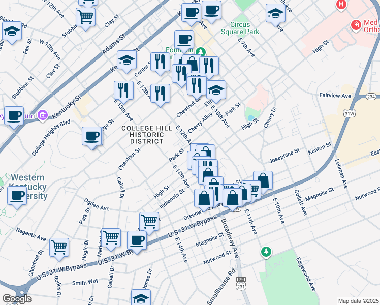 map of restaurants, bars, coffee shops, grocery stores, and more near 713 East 12th Avenue in Bowling Green