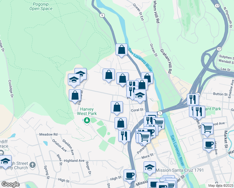 map of restaurants, bars, coffee shops, grocery stores, and more near 105 Post Street in Santa Cruz