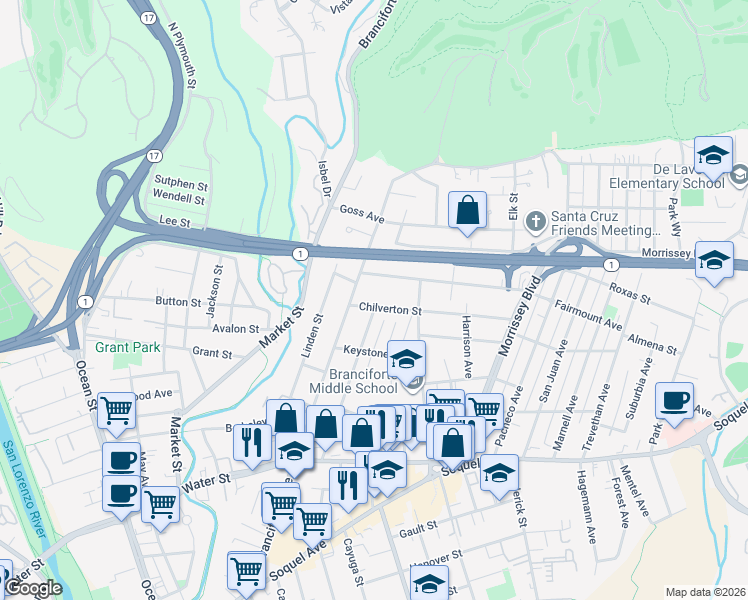 map of restaurants, bars, coffee shops, grocery stores, and more near 121 Chilverton Street in Santa Cruz
