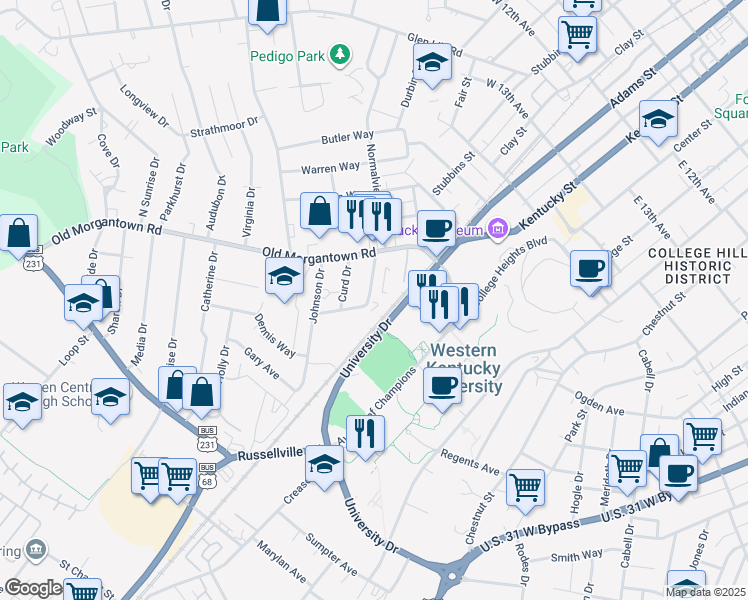 map of restaurants, bars, coffee shops, grocery stores, and more near 1636 Forrest Drive in Bowling Green