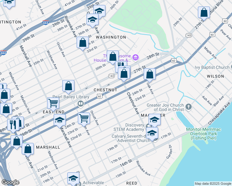 map of restaurants, bars, coffee shops, grocery stores, and more near 1133 25th Street in Newport News