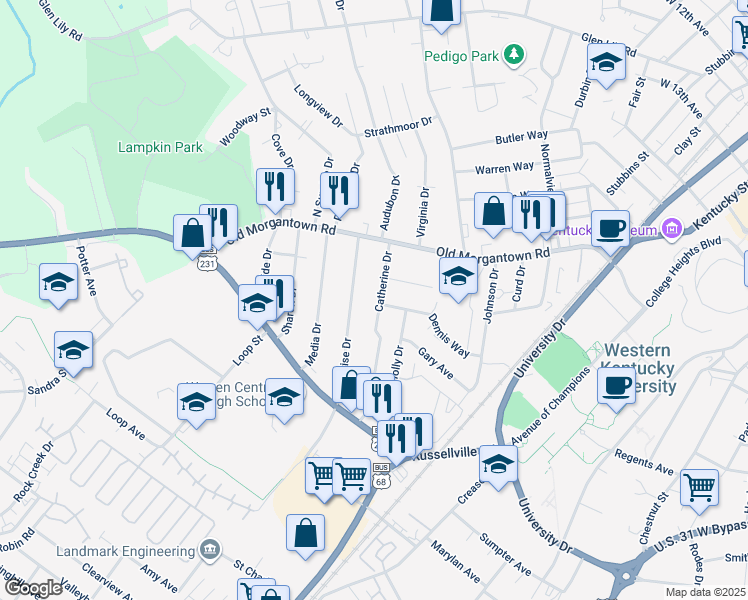 map of restaurants, bars, coffee shops, grocery stores, and more near 1645 Catherine Drive in Bowling Green