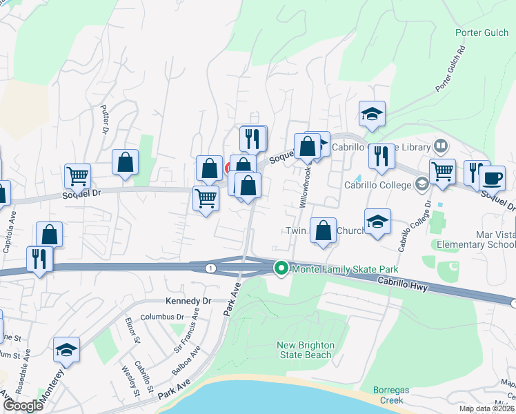 map of restaurants, bars, coffee shops, grocery stores, and more near 2870 Park Avenue in Soquel