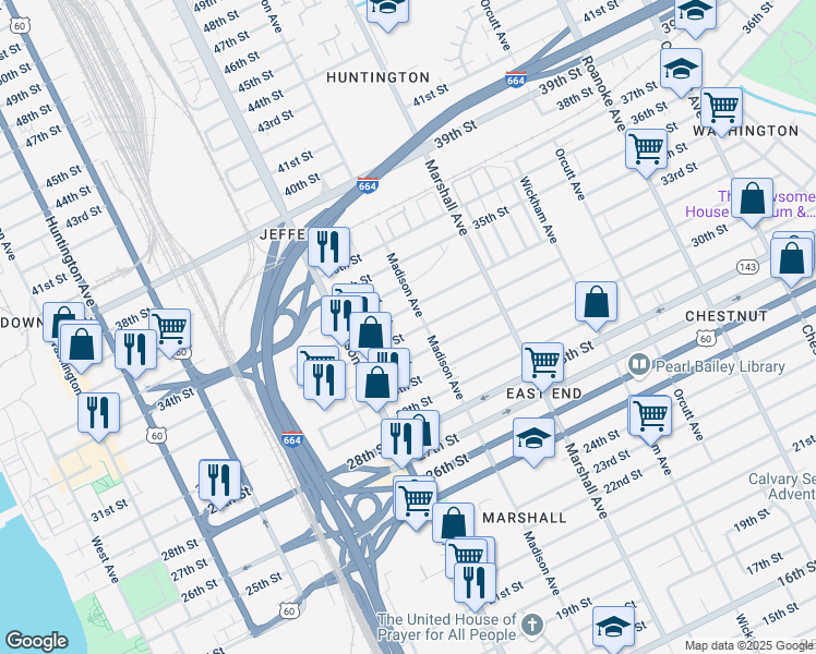 map of restaurants, bars, coffee shops, grocery stores, and more near 653 32nd Street in Newport News