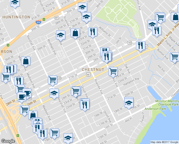 map of restaurants, bars, coffee shops, grocery stores, and more near 2605 Roanoke Avenue in Newport News