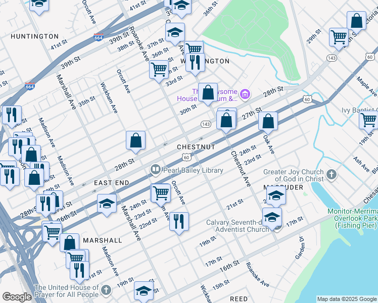 map of restaurants, bars, coffee shops, grocery stores, and more near 2605 Roanoke Avenue in Newport News