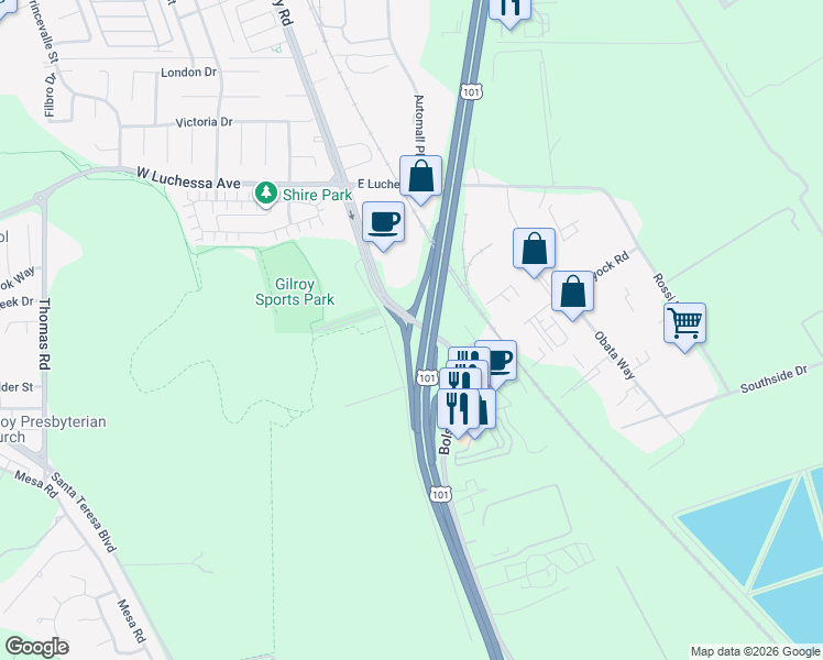 map of restaurants, bars, coffee shops, grocery stores, and more near 7711 Monterey Street in Gilroy